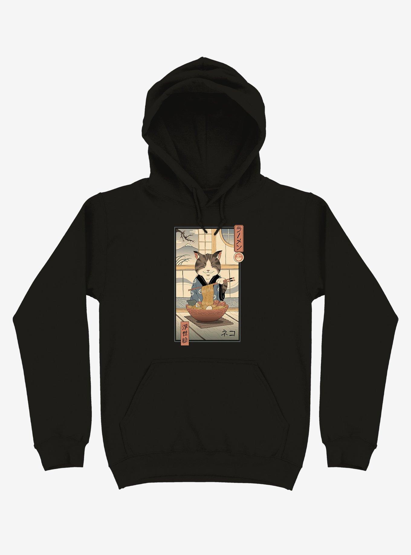 Cat Neko Ramen Ukiyo-e Black Hoodie, BLACK, hi-res