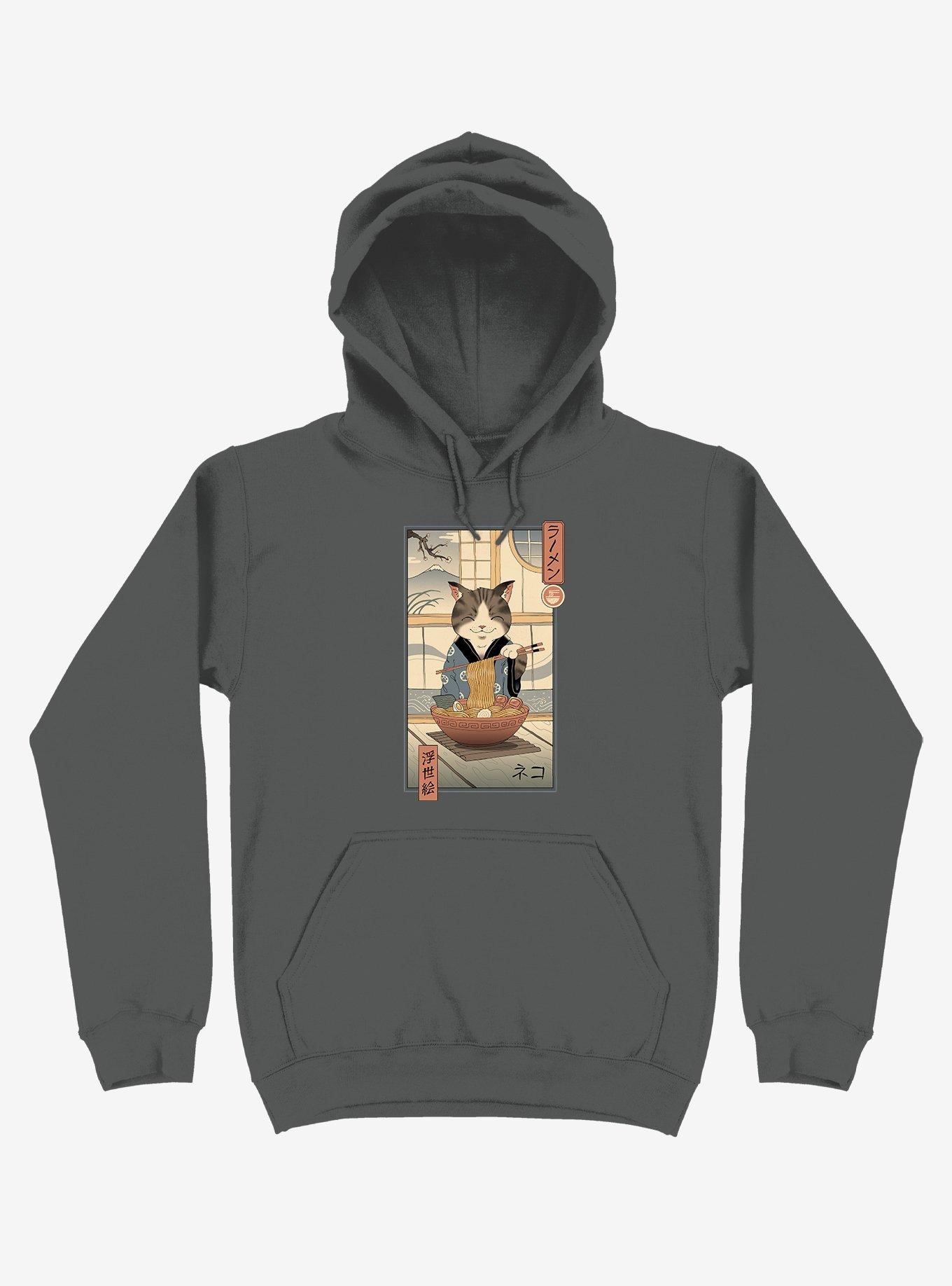 Cat Neko Ramen Ukiyo-e Asphalt Grey Hoodie, ASPHALT, hi-res