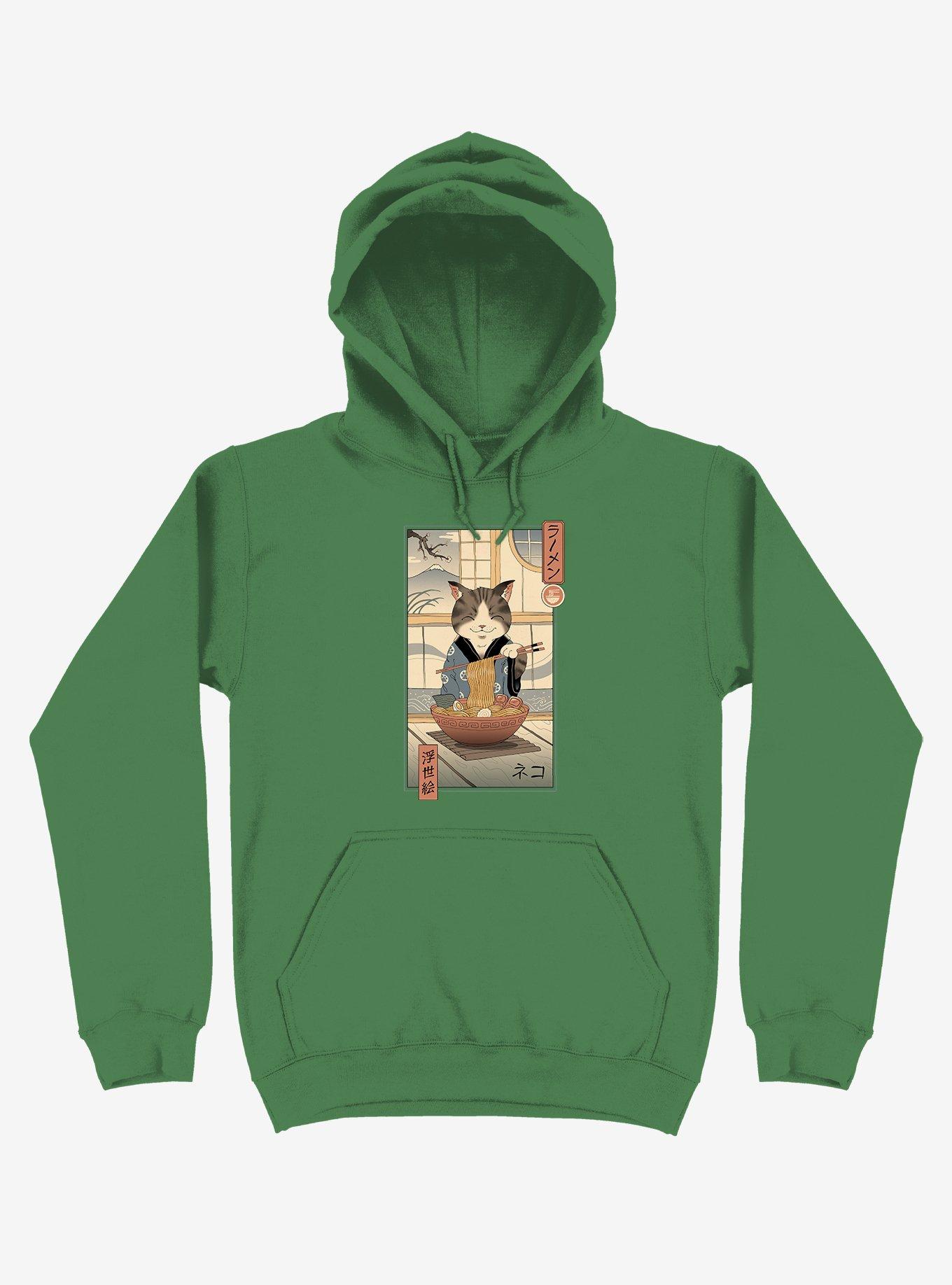 Cat Neko Ramen Ukiyo-e Kelly Green Hoodie