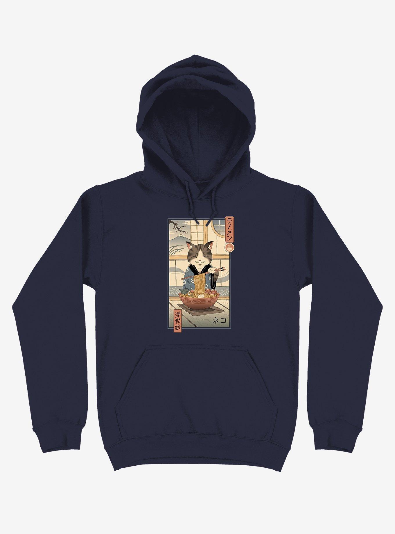 Cat Neko Ramen Ukiyo-e Navy Blue Hoodie, NAVY, hi-res