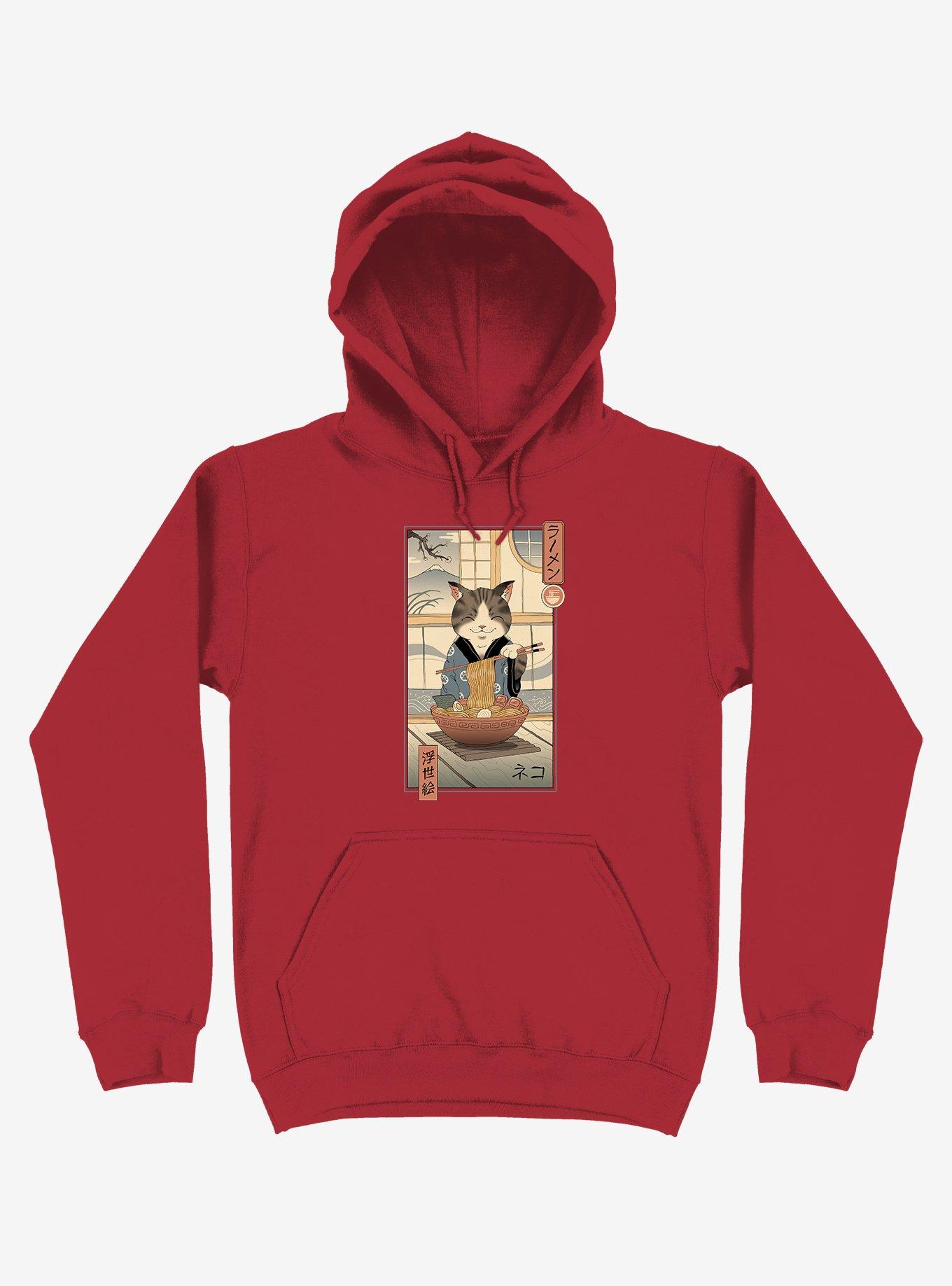 Cat Neko Ramen Ukiyo-e Red Hoodie, RED, hi-res