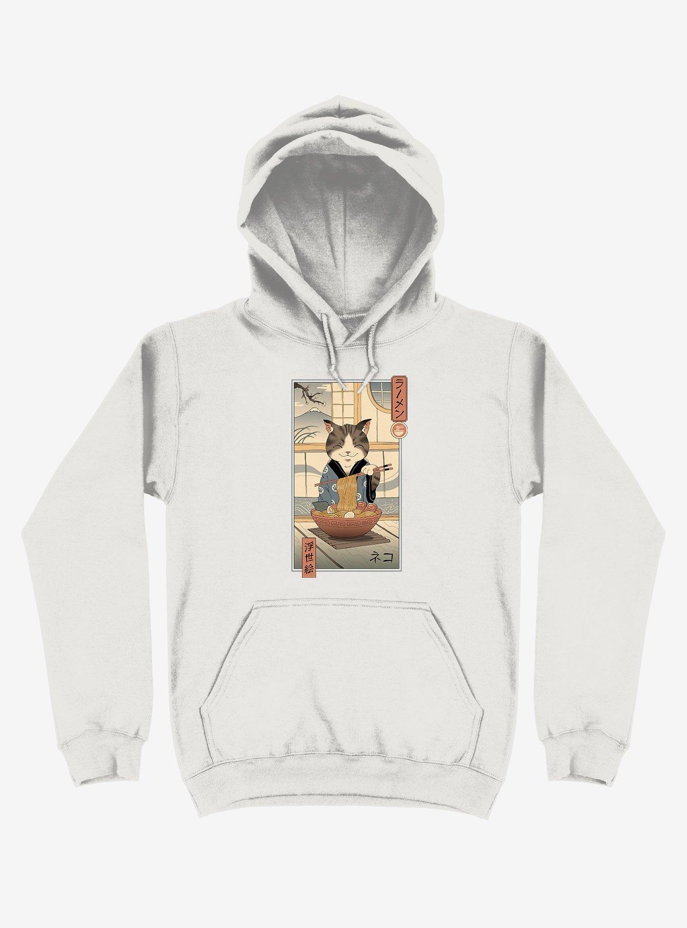 Cat Neko Ramen Ukiyo-e White Hoodie, WHITE, hi-res