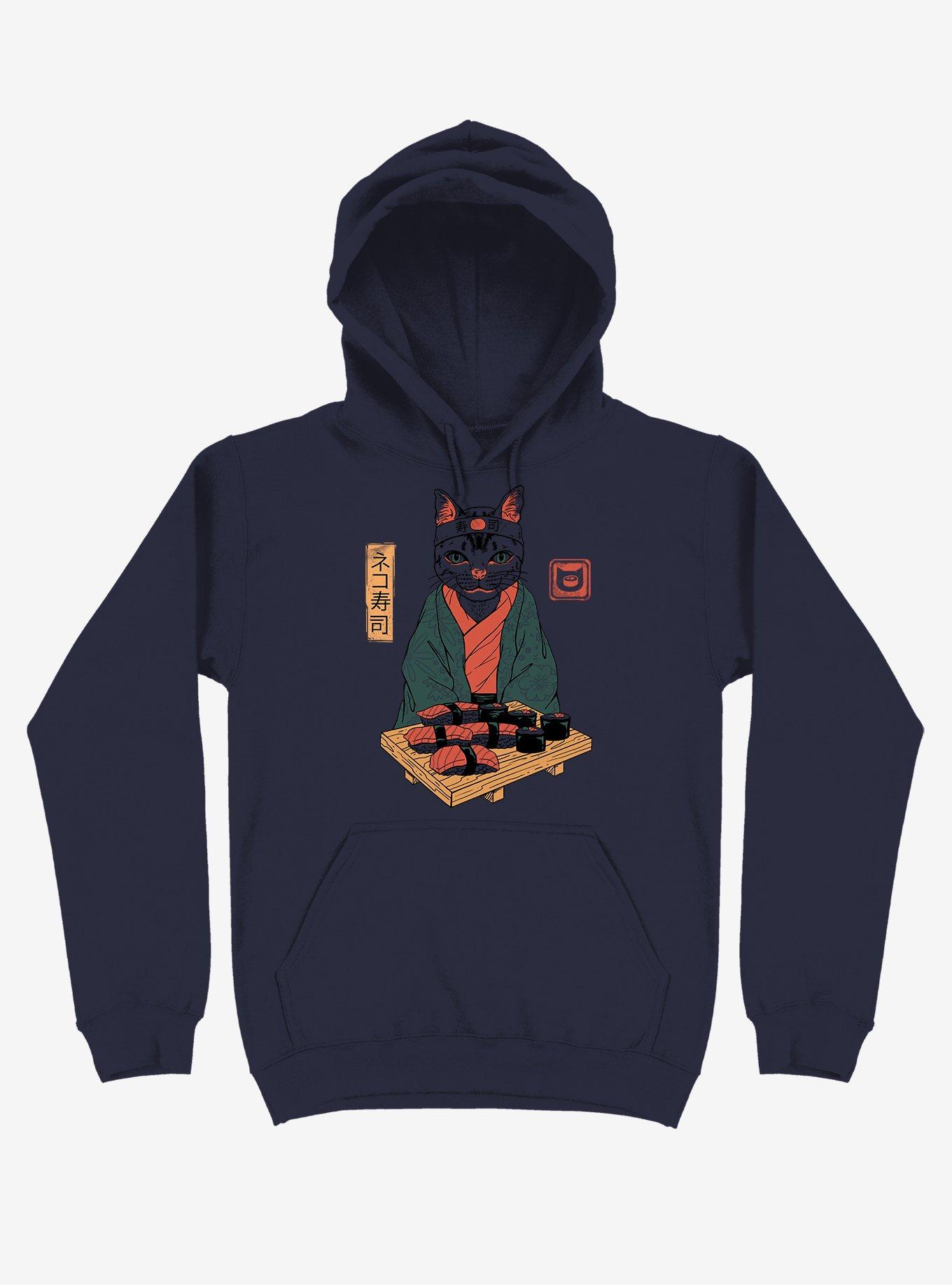 Neko Cat Sushi Bar Navy Blue Hoodie, , hi-res