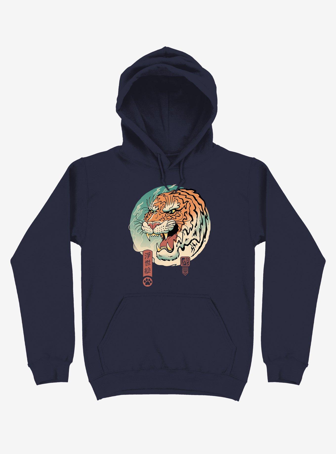 Tiger Ukiyo-e Navy Blue Hoodie, NAVY, hi-res