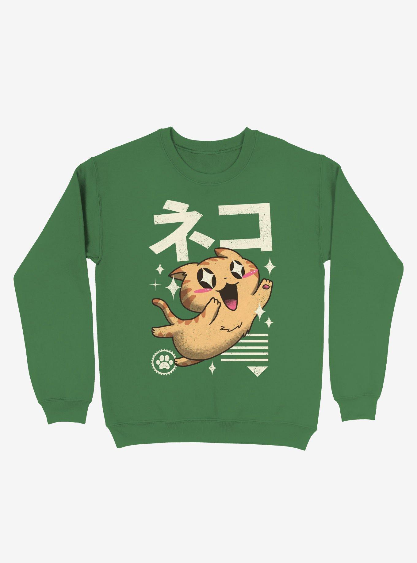 Kawaii Feline Sweatshirt, KELLY GREEN, hi-res