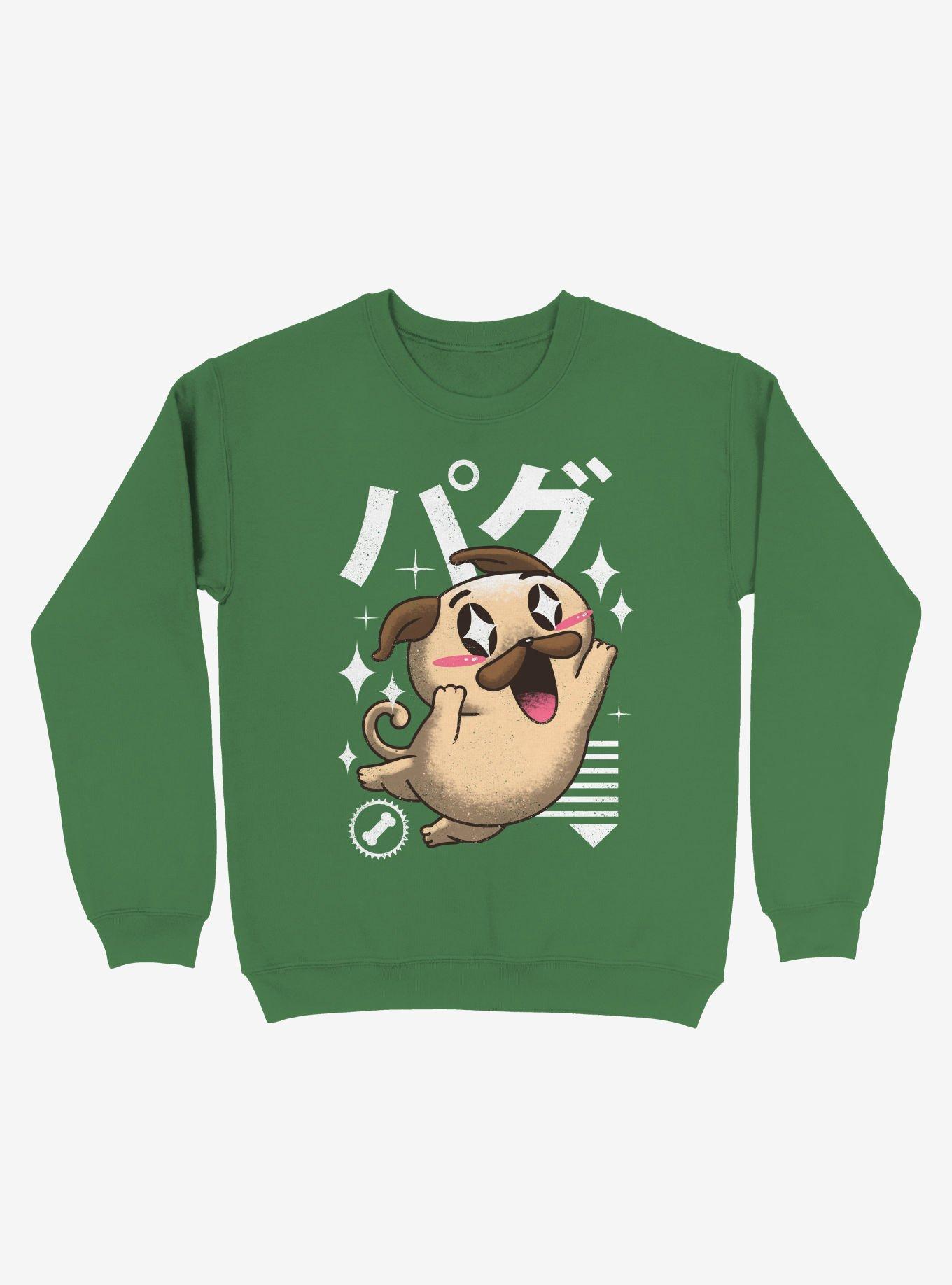 Kawaii Pug Sweatshirt, KELLY GREEN, hi-res