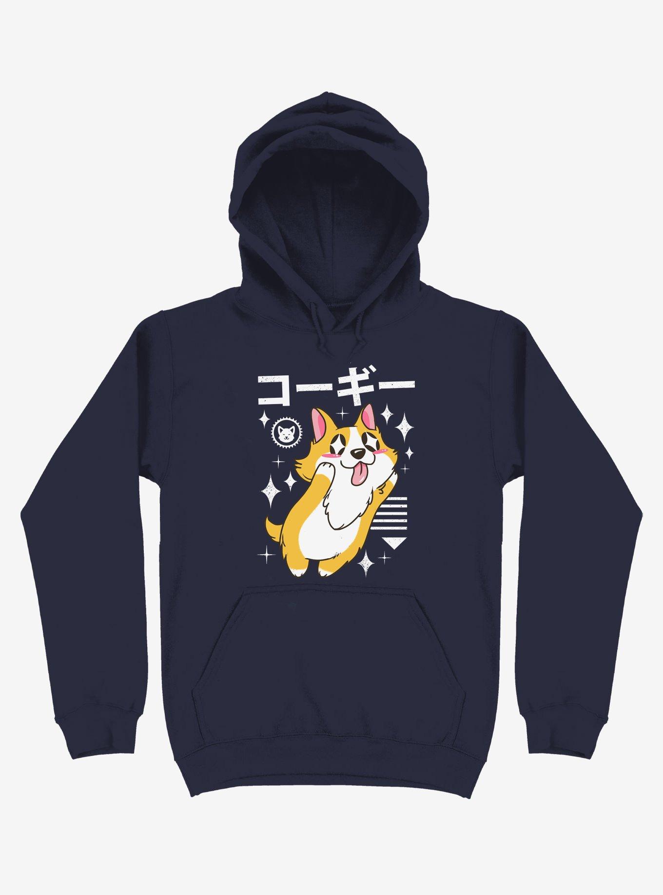 Kawaii Corgi Navy Blue Hoodie, NAVY, hi-res