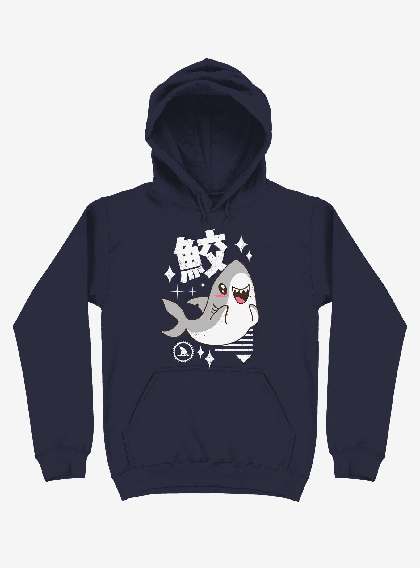 Kawaii Shark Navy Blue Hoodie, NAVY, hi-res