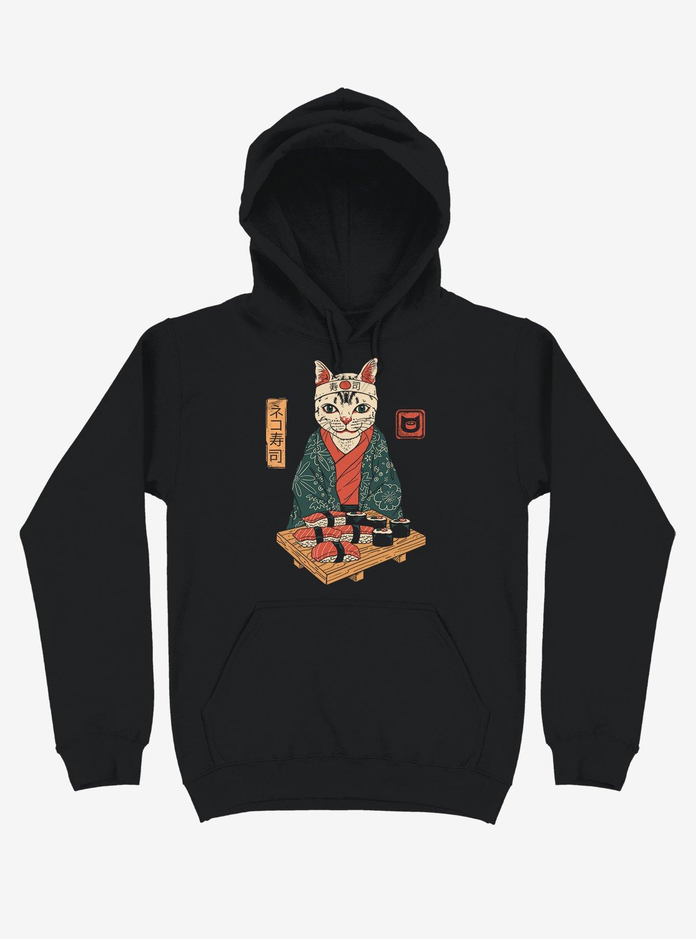 Cat Neko Sushi Bar Black Hoodie, , hi-res