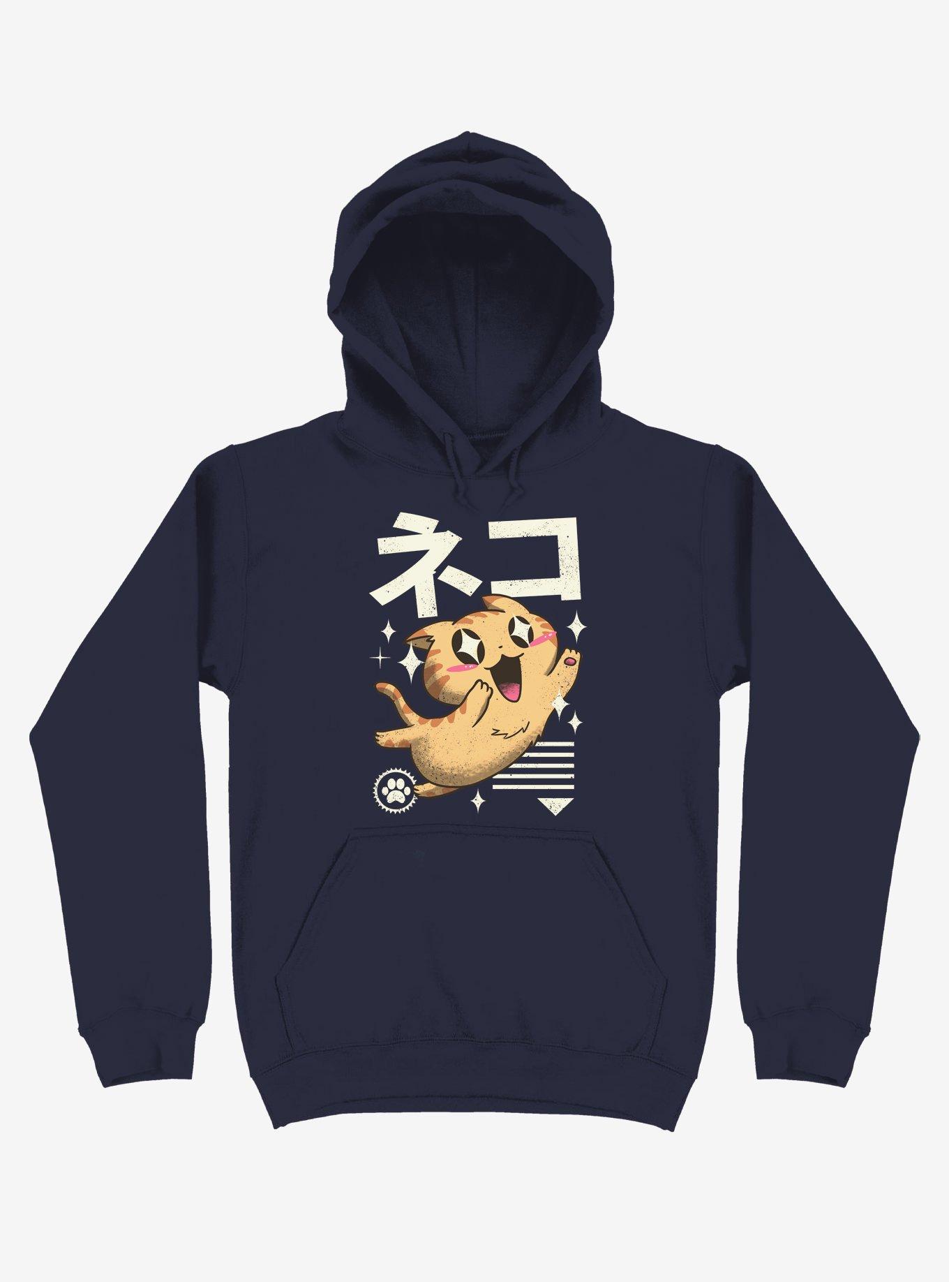 Kawaii Feline Navy Blue Hoodie, NAVY, hi-res