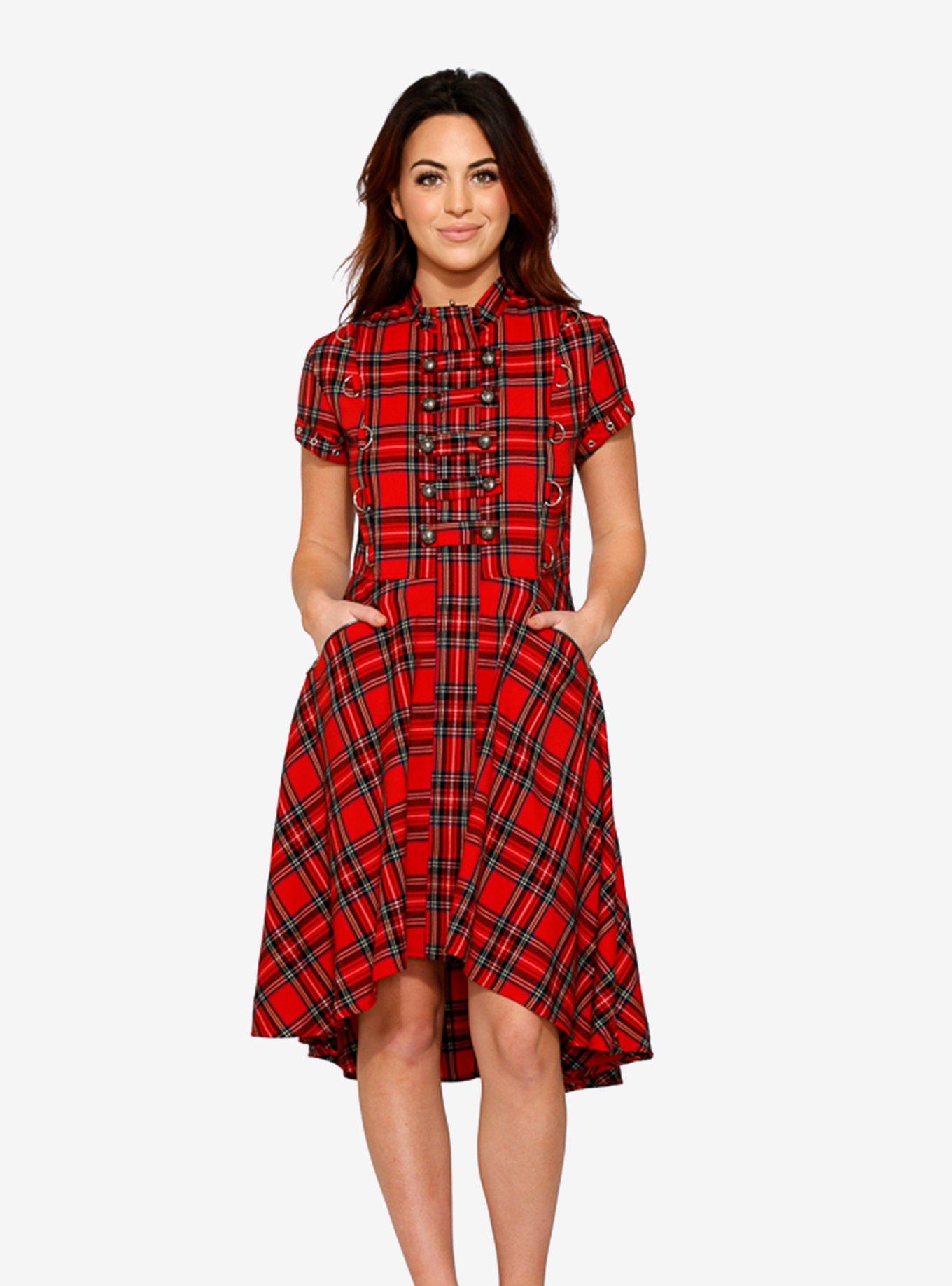 Lace Up Hi Lo Dress Red Plaid, RED, hi-res