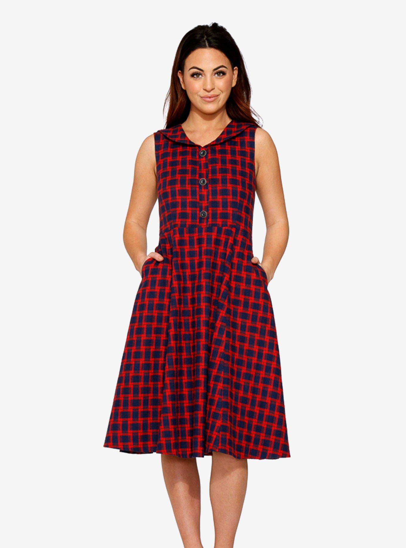 Red Check Fit & Flare Dress, RED, hi-res