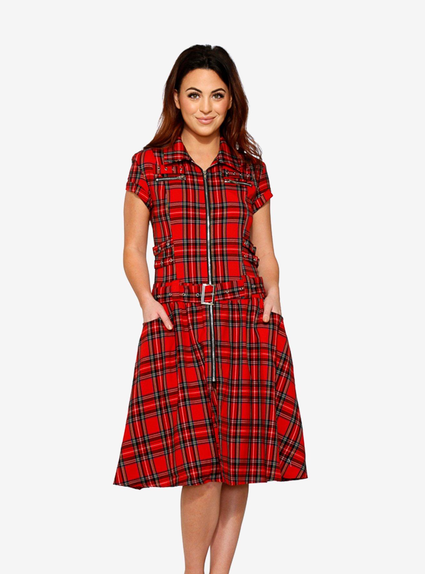 Red Plaid Zipper Bondage Midi Dress, RED, hi-res