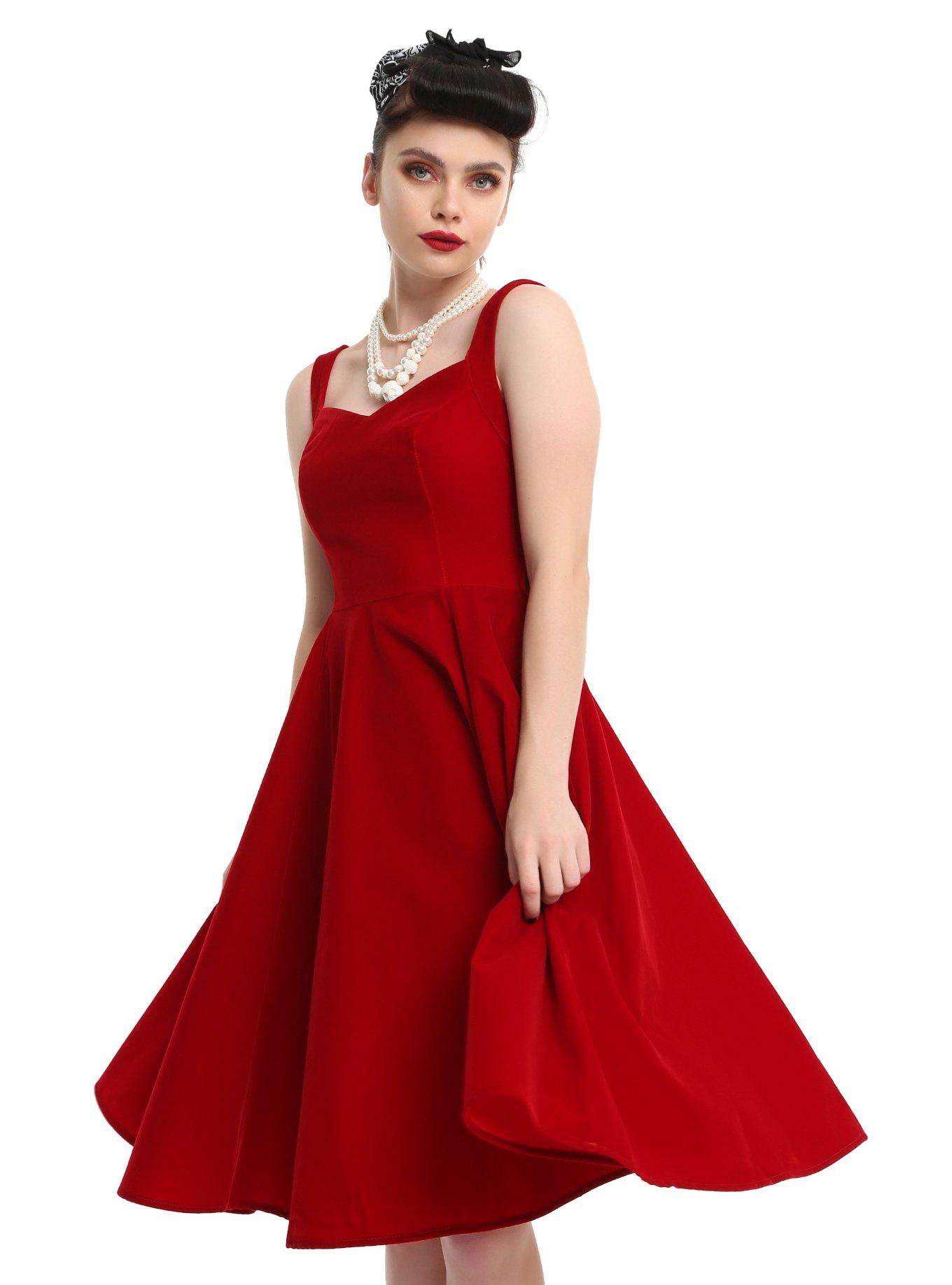 Red Velvet Lace-Up Back Fit & Flare Dress, , hi-res