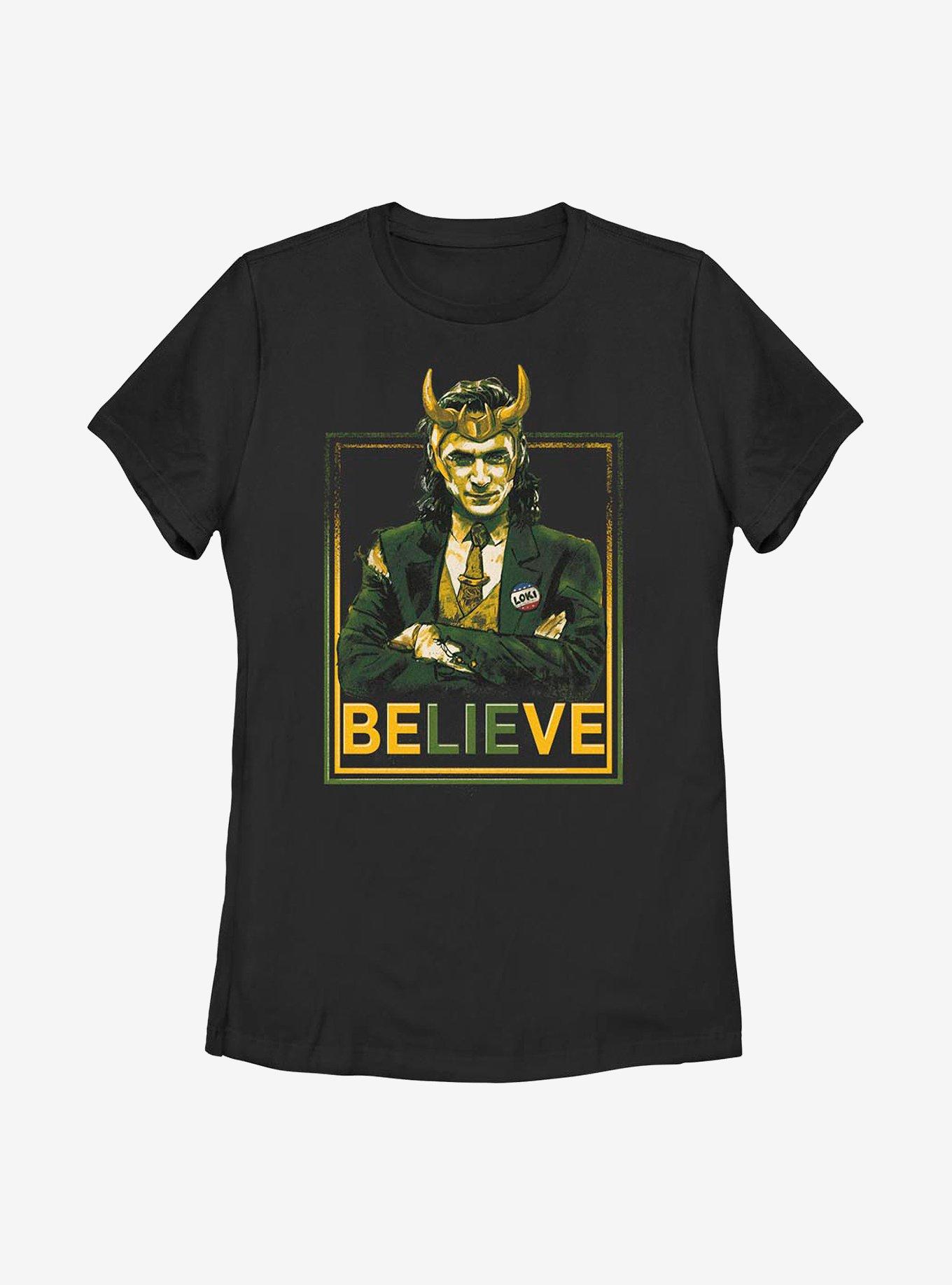 Marvel Loki Believe Political Motive Womens T-Shirt, BLACK, hi-res