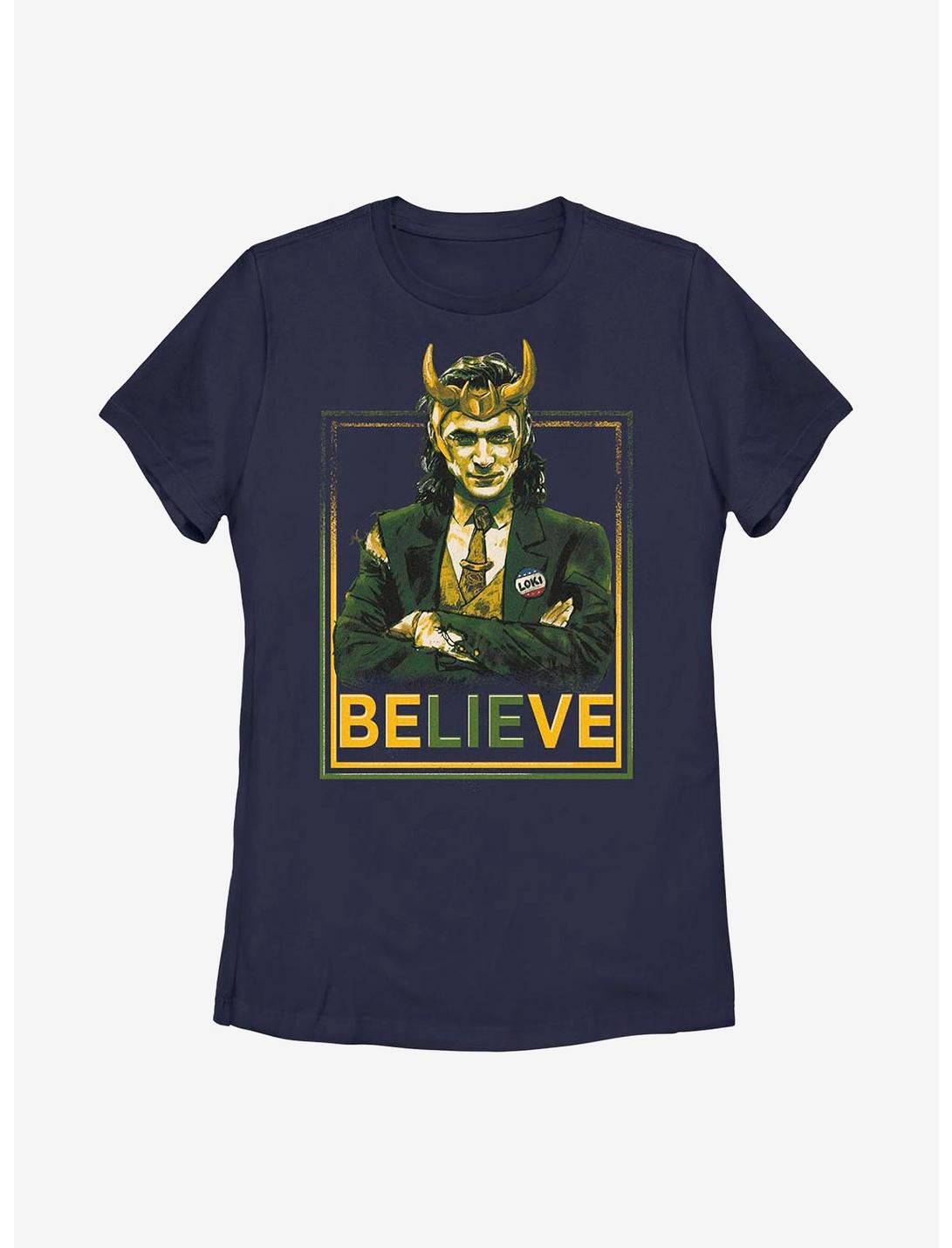 Marvel Loki Believe Political Motive Womens T-Shirt, NAVY, hi-res