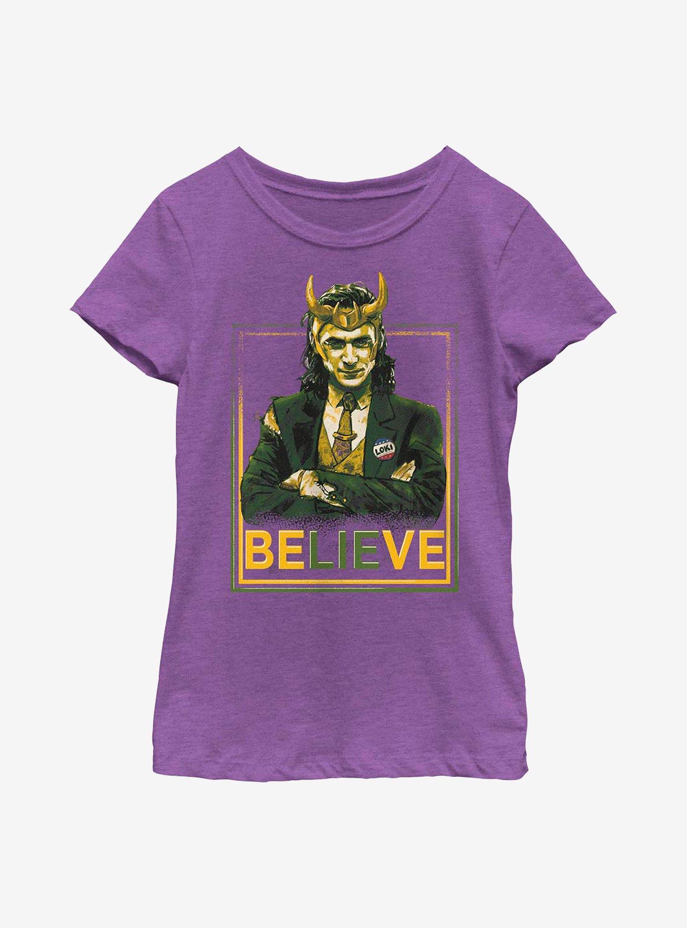 Marvel Loki Believe Political Motive Youth Girls T-Shirt, PURPLE BERRY, hi-res