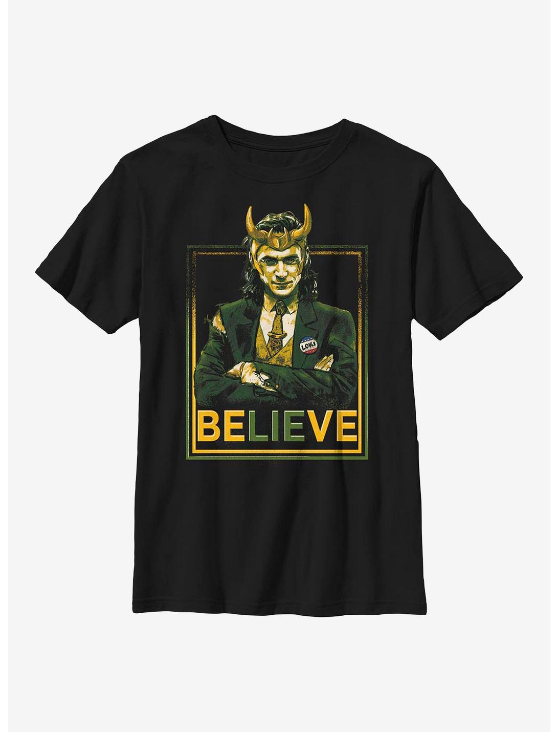 Marvel Loki Believe Political Motive Youth T-Shirt, BLACK, hi-res