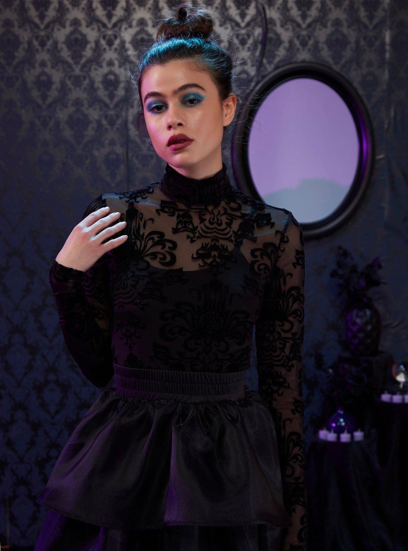 Her Universe Disney The Haunted Mansion Wallpaper Mesh Girls Long-Sleeve Top, BLACK, hi-res