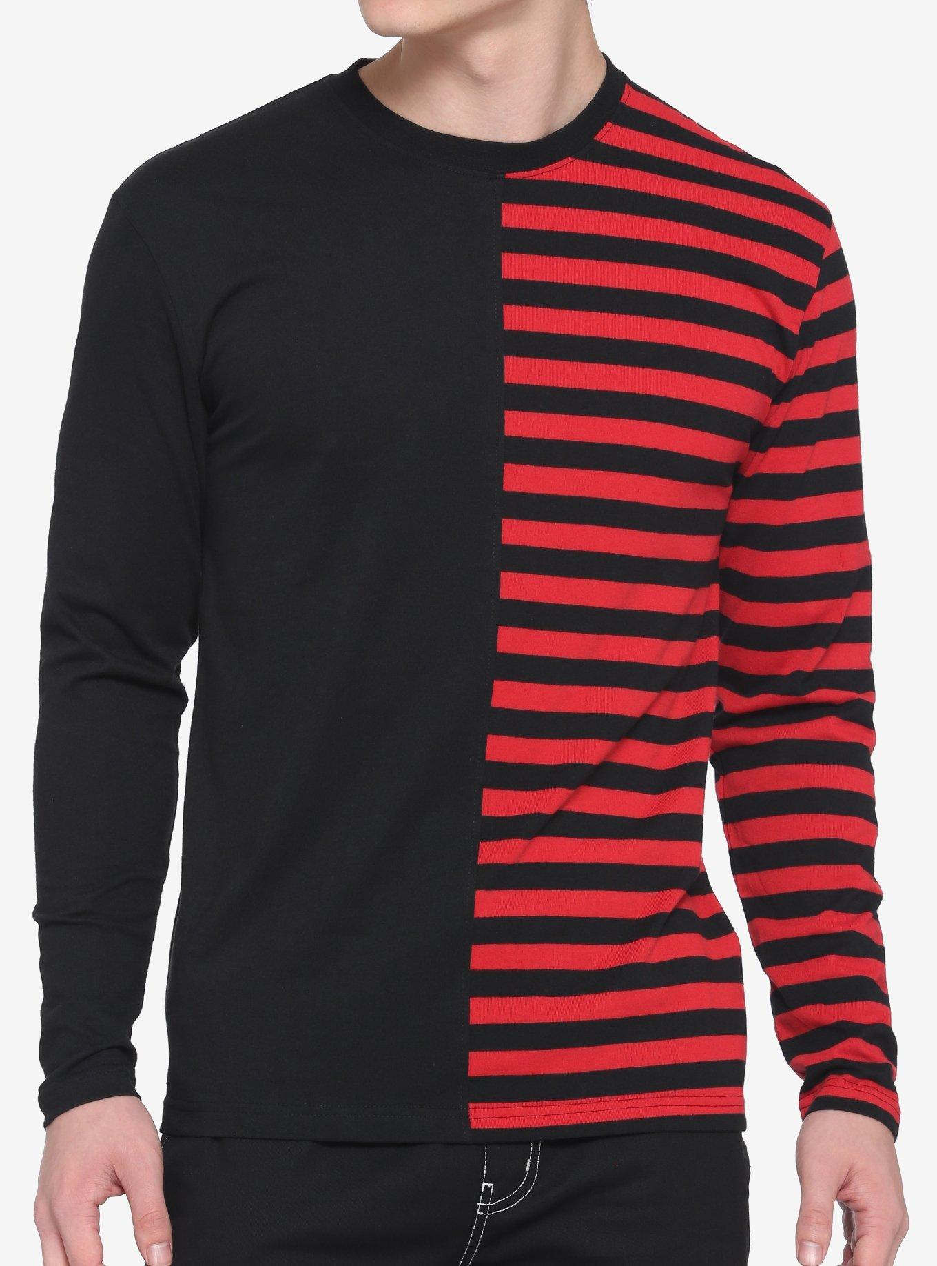 Red & Black Stripe Split Long-Sleeve T-Shirt, STRIPE - RED, hi-res