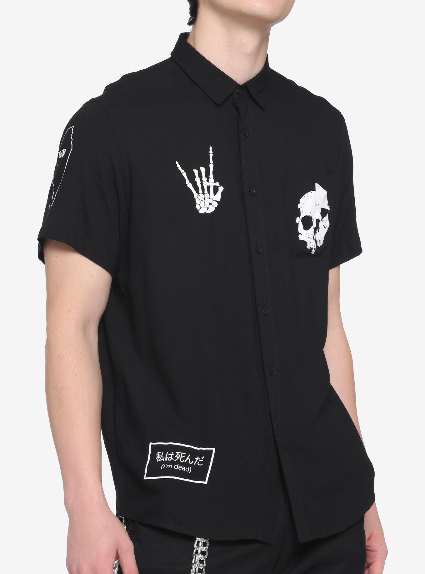 I'm Dead Patch Skeleton Woven Button-Up, BLACK, hi-res
