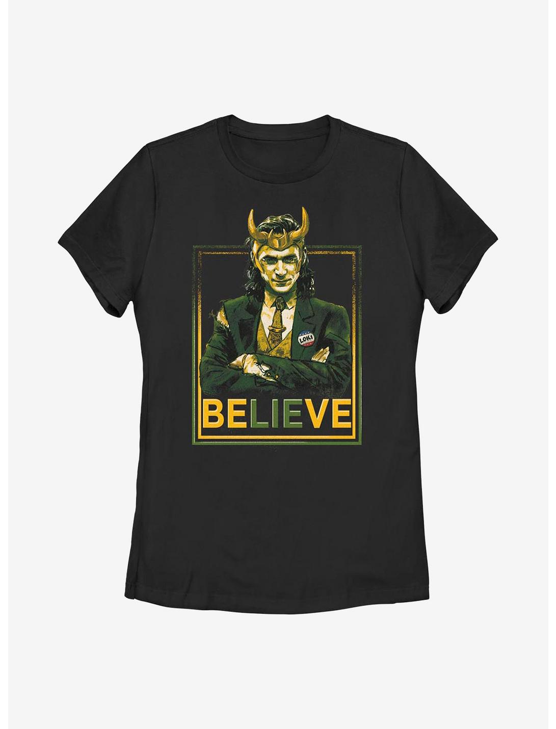 Marvel Loki Believe Political Motive Womens T-Shirt, BLACK, hi-res