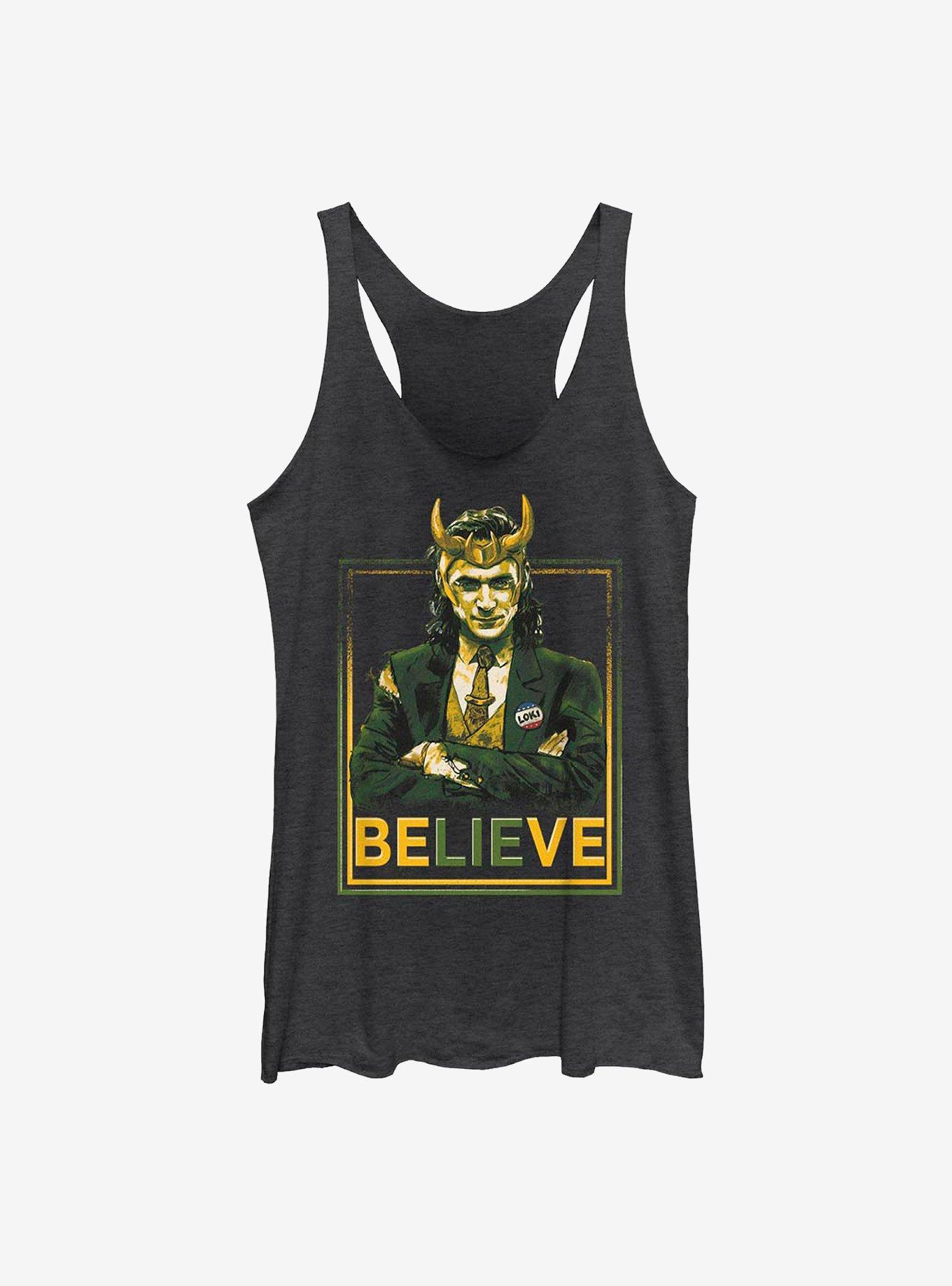 Marvel Loki Believe Political Motive Womens Tank Top, BLK HTR, hi-res