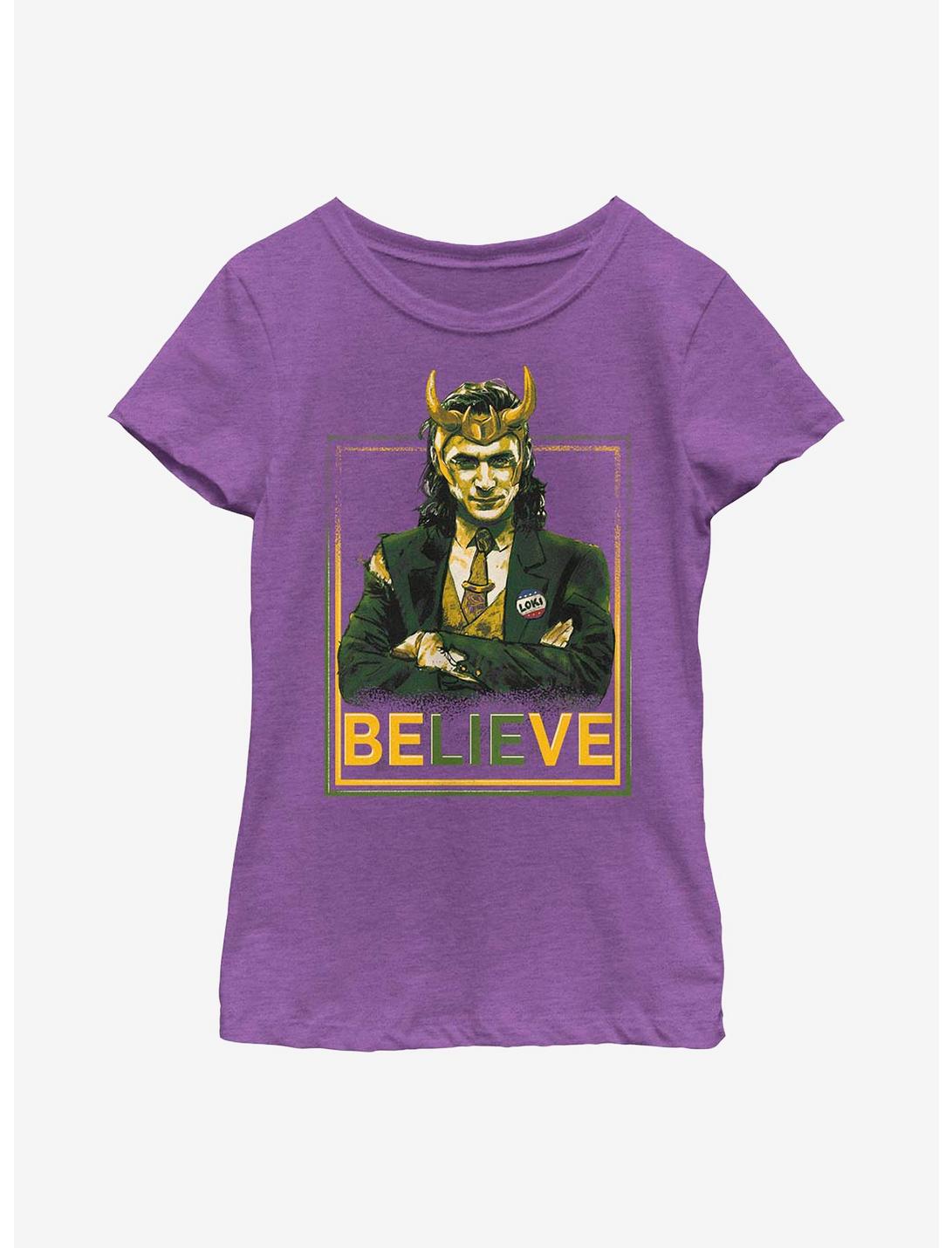 Marvel Loki Believe Political Motive Youth Girls T-Shirt, PURPLE BERRY, hi-res