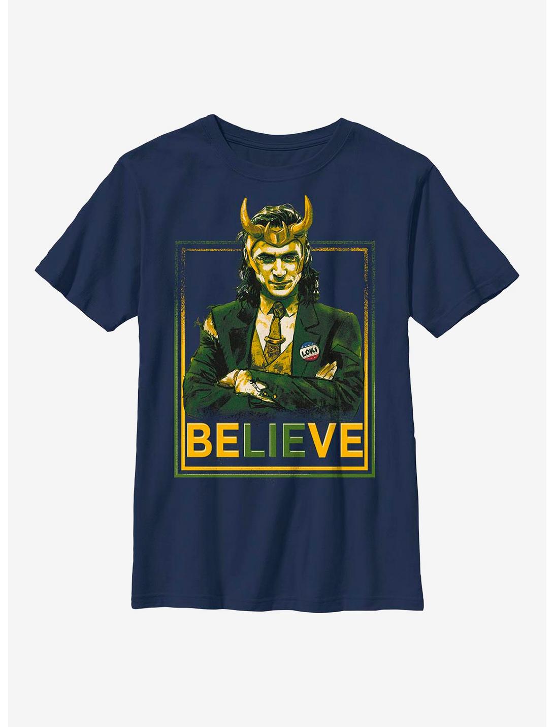 Marvel Loki Believe Political Motive Youth T-Shirt, NAVY, hi-res