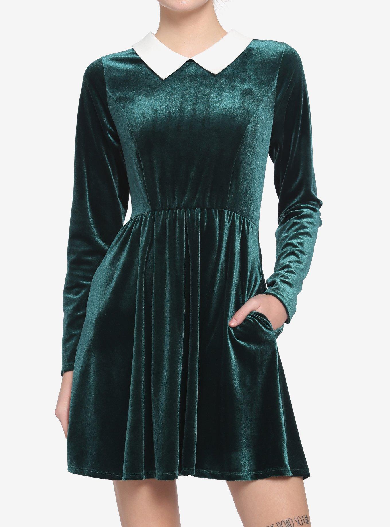Green Velvet Collared Long-Sleeve Dress | Hot Topic