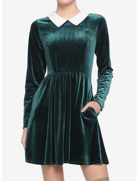 Green Velvet Collared Long-Sleeve Dress, , hi-res