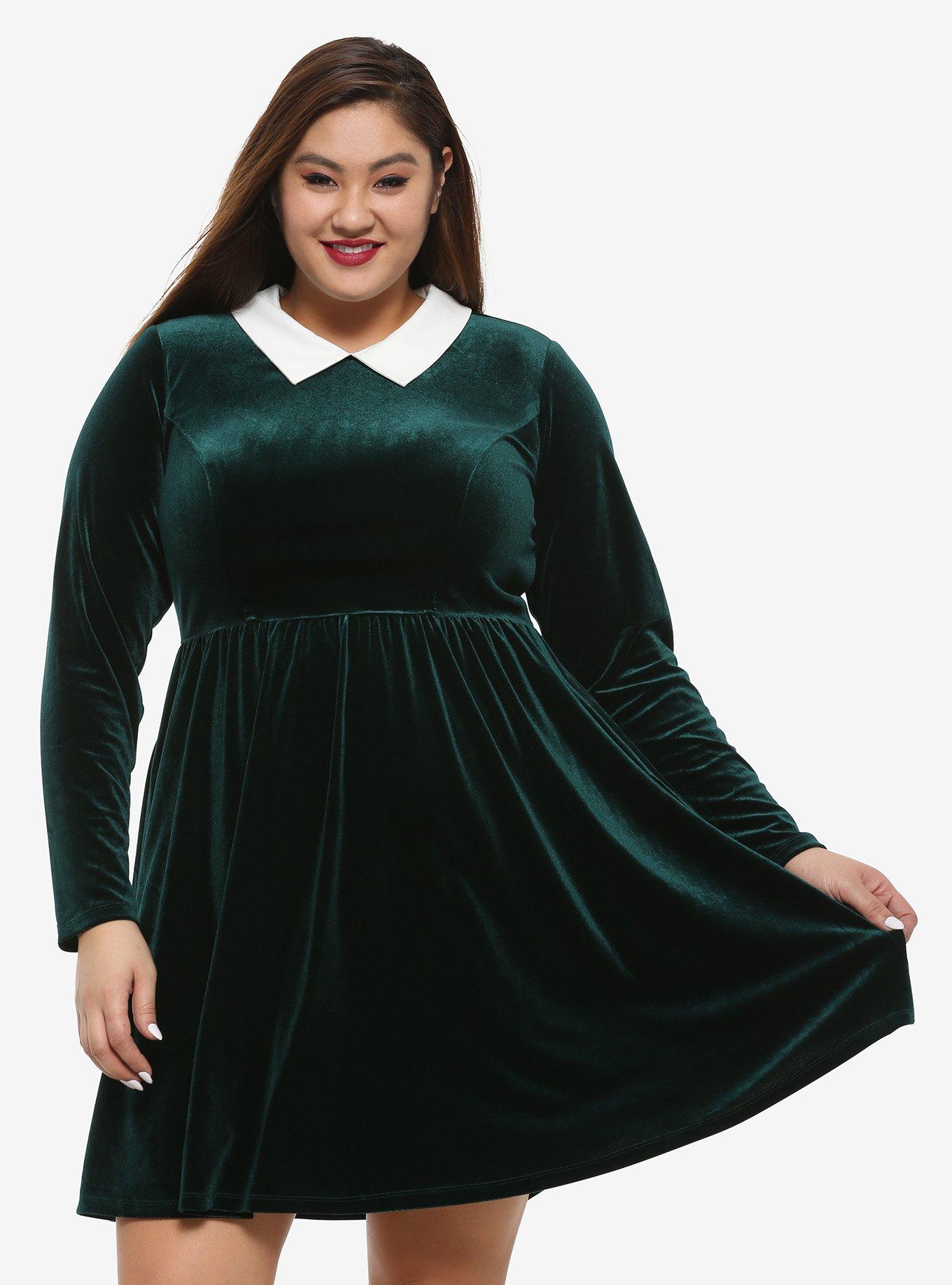 Green Velvet Long-Sleeve Dress Plus Size, GREEN, hi-res