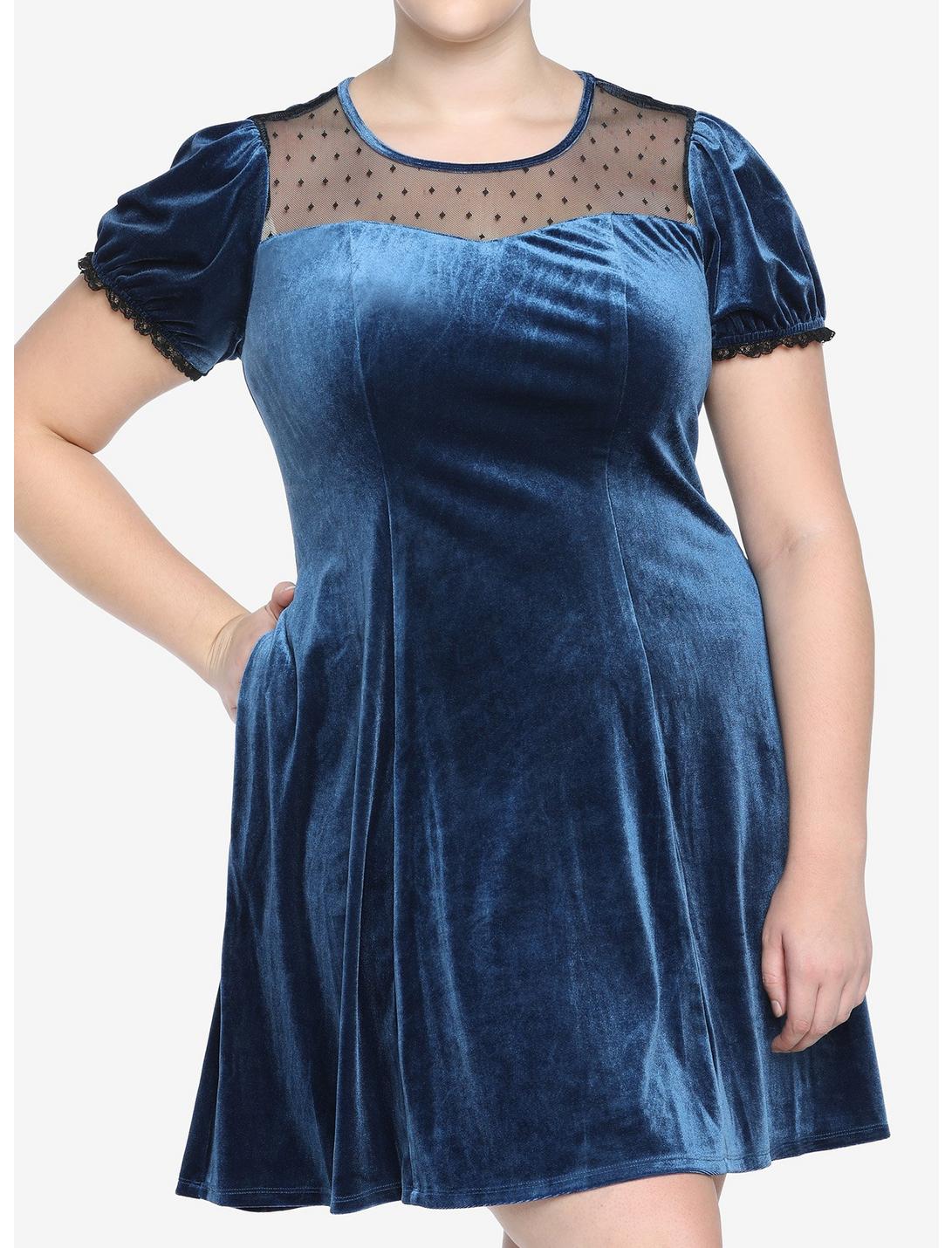 Blue Velvet & Lace Sweetheart Dress Plus Size, BLUE, hi-res