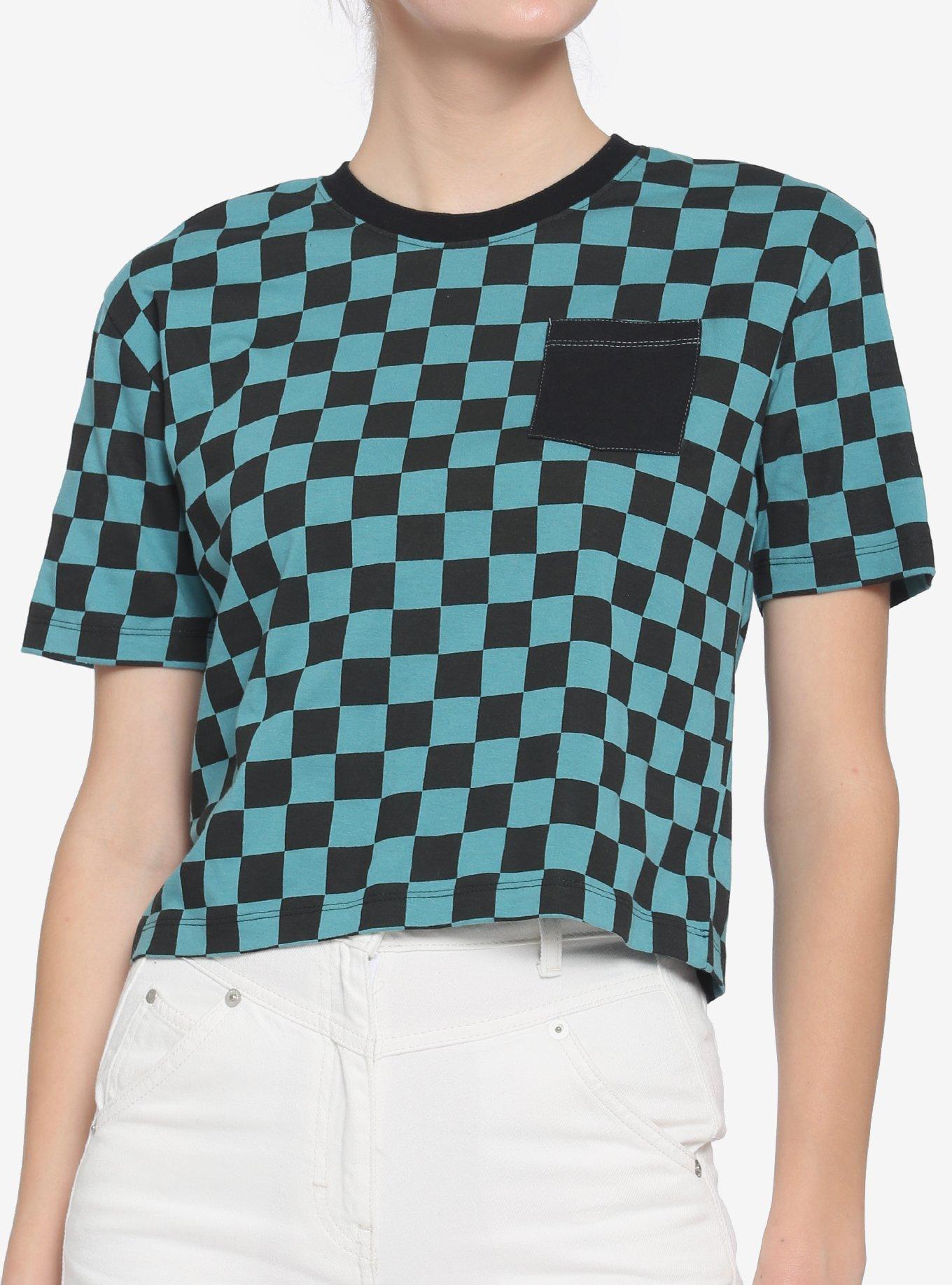 Teal & Black Checkered Boxy Girls Crop T-Shirt, CHECKERED, hi-res