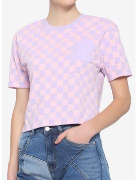 Pink & Lavender Checkered Girls Boxy Crop T-Shirt, , hi-res