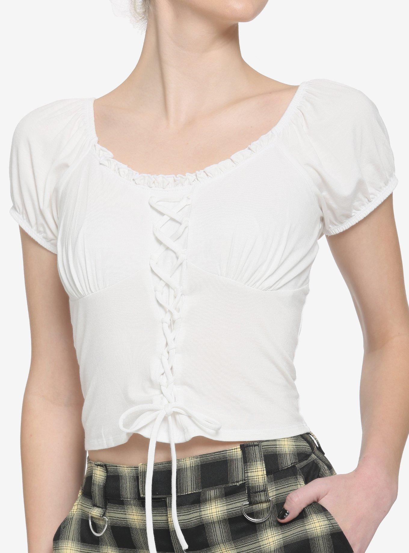 White Lace-Up Girls Top Plus Size, IVORY, hi-res