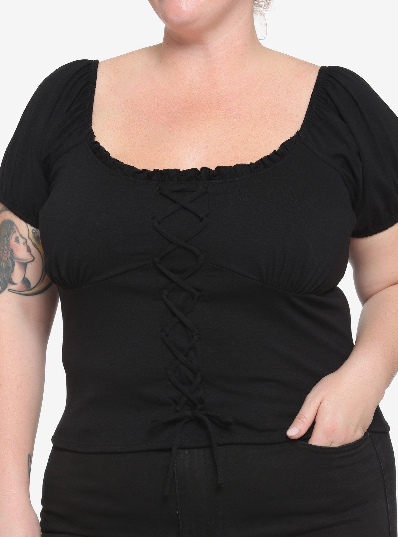 Black Lace-Up Girls Top Plus Size, BLACK, hi-res