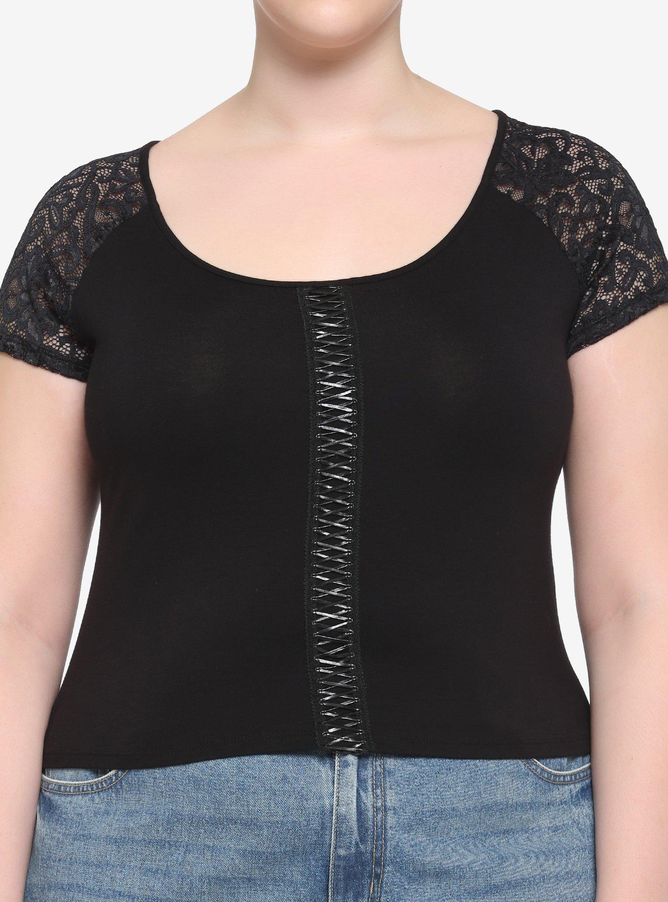 Black Rose Lace Girls Crop Top Plus Size, BLACK, hi-res