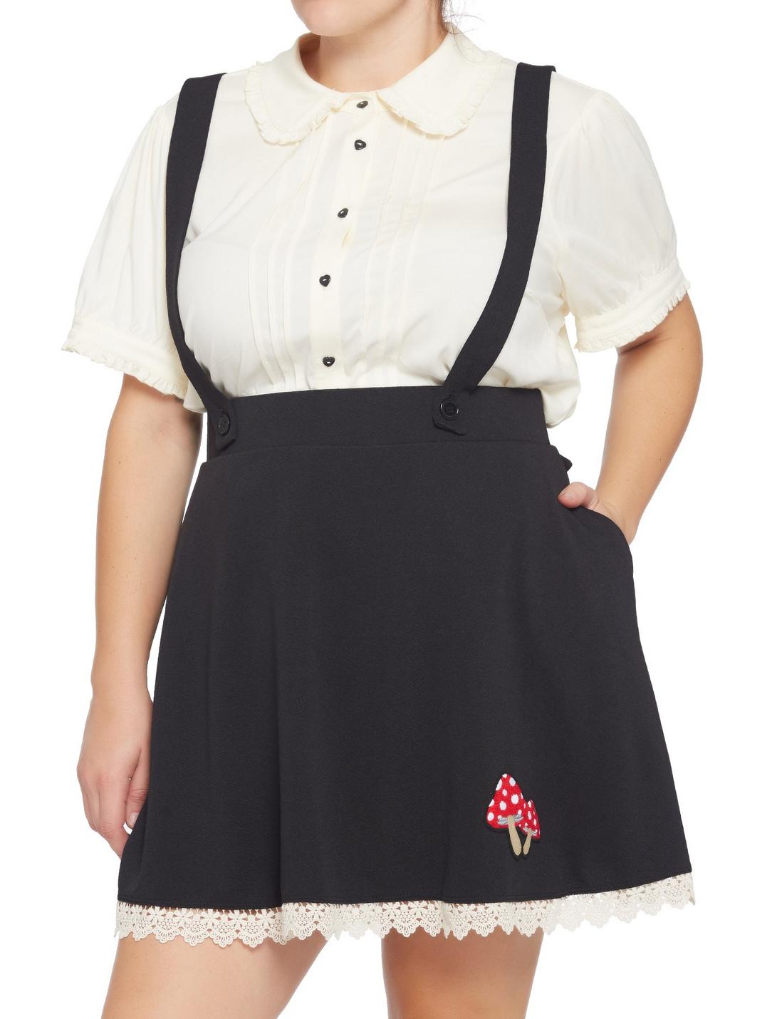 Mushroom Patch Suspender Skirt Plus Size, BLACK, hi-res