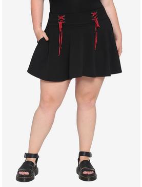 Black Double Red Lace-Up Skater Skirt Plus Size, , hi-res