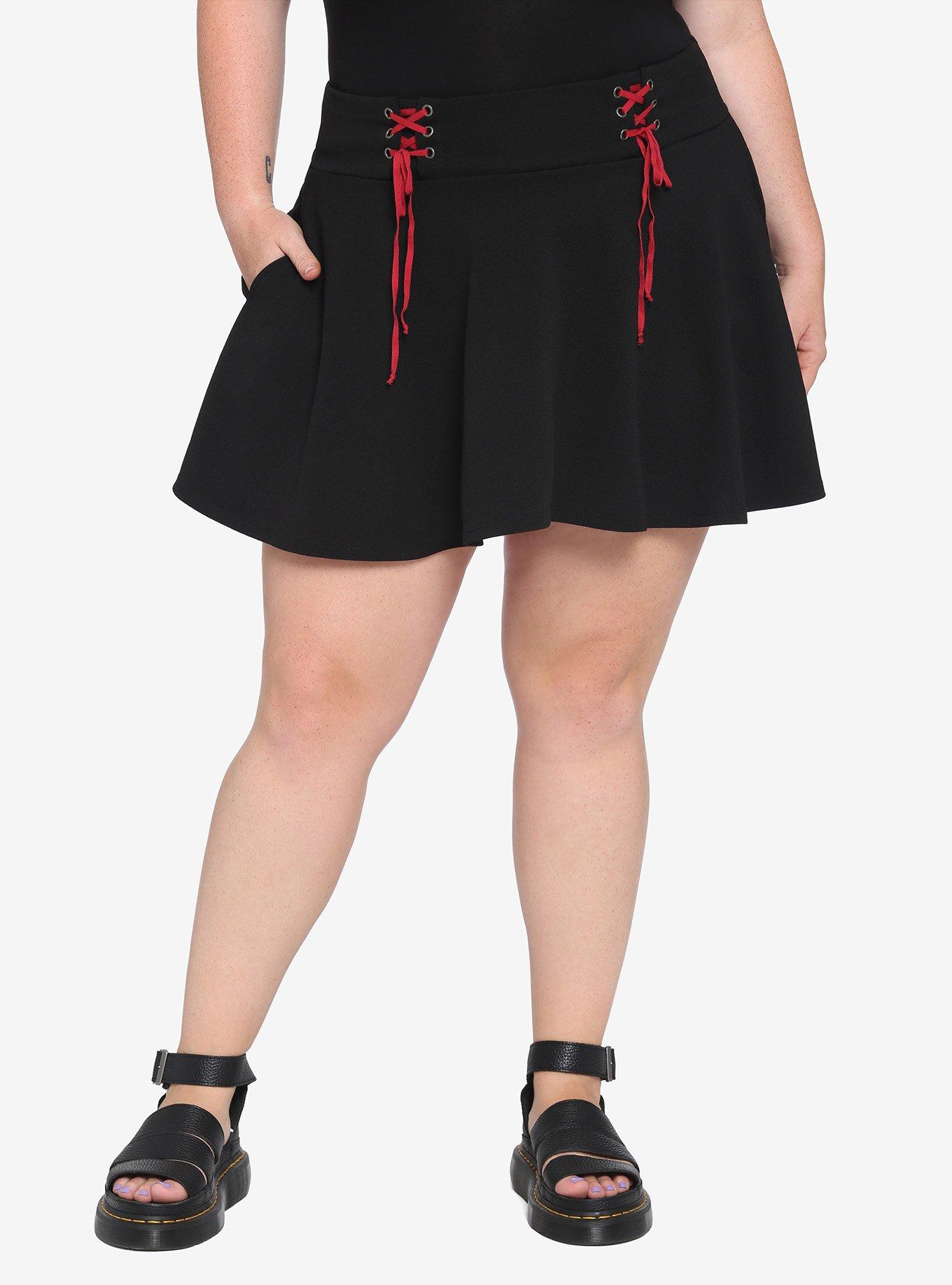 Black Double Red Lace-Up Skater Skirt Plus Size, BLACK, hi-res