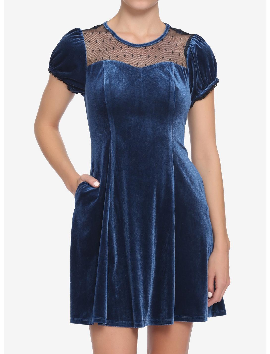 Blue Velvet & Lace Sweetheart Dress, BLUE, hi-res
