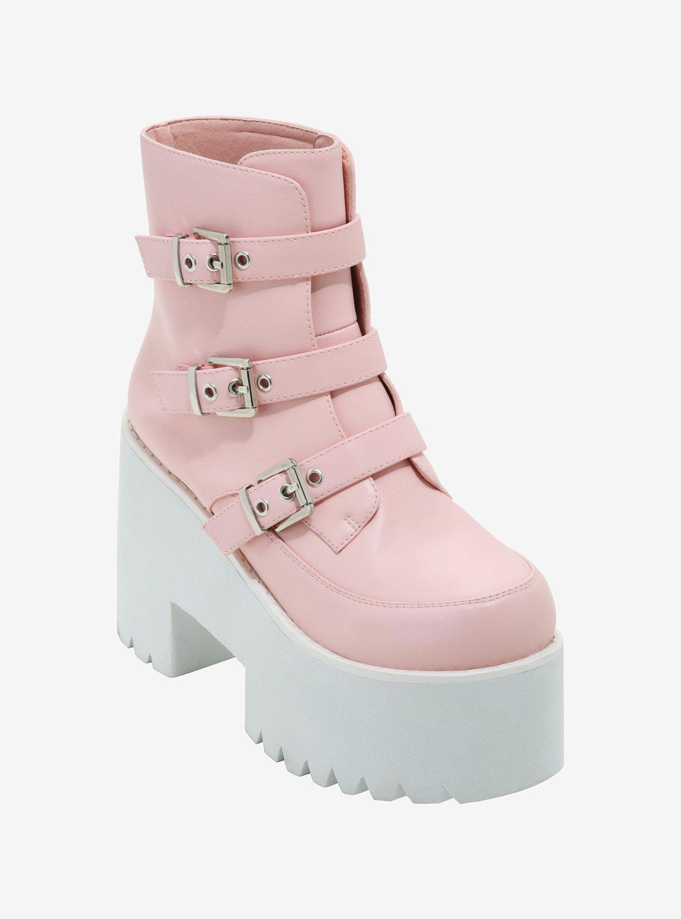 Pastel Pink Buckle Platform Boots | Hot Topic