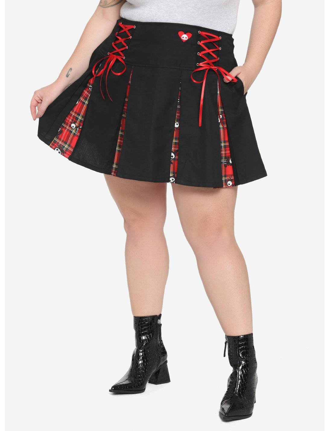 Skelanimals Plaid Contrast Pleated Skirt Plus Size, MULTI, hi-res