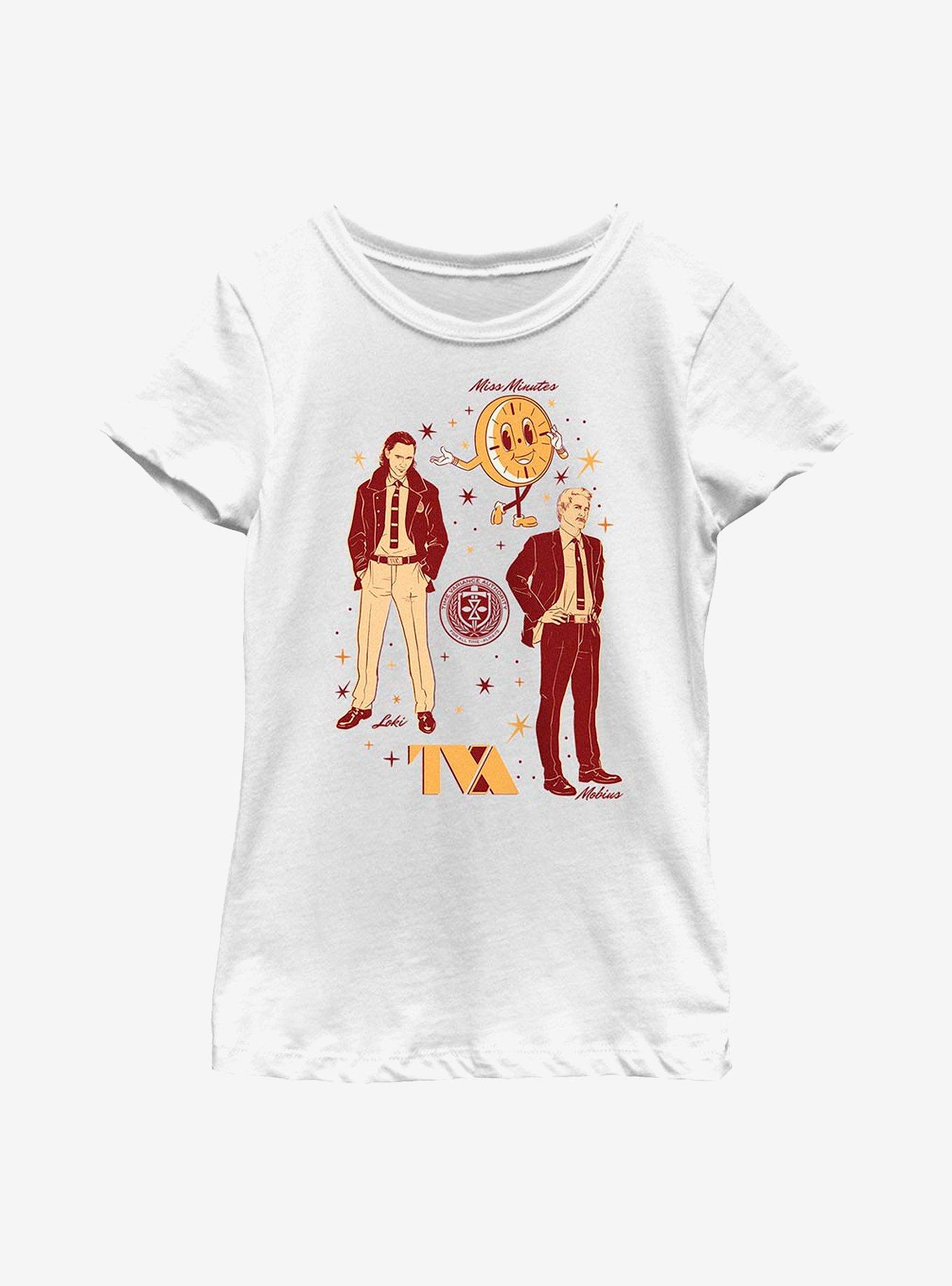 Marvel Loki With Mobius And Miss Minutes TVA Youth Girls T-Shirt, WHITE, hi-res