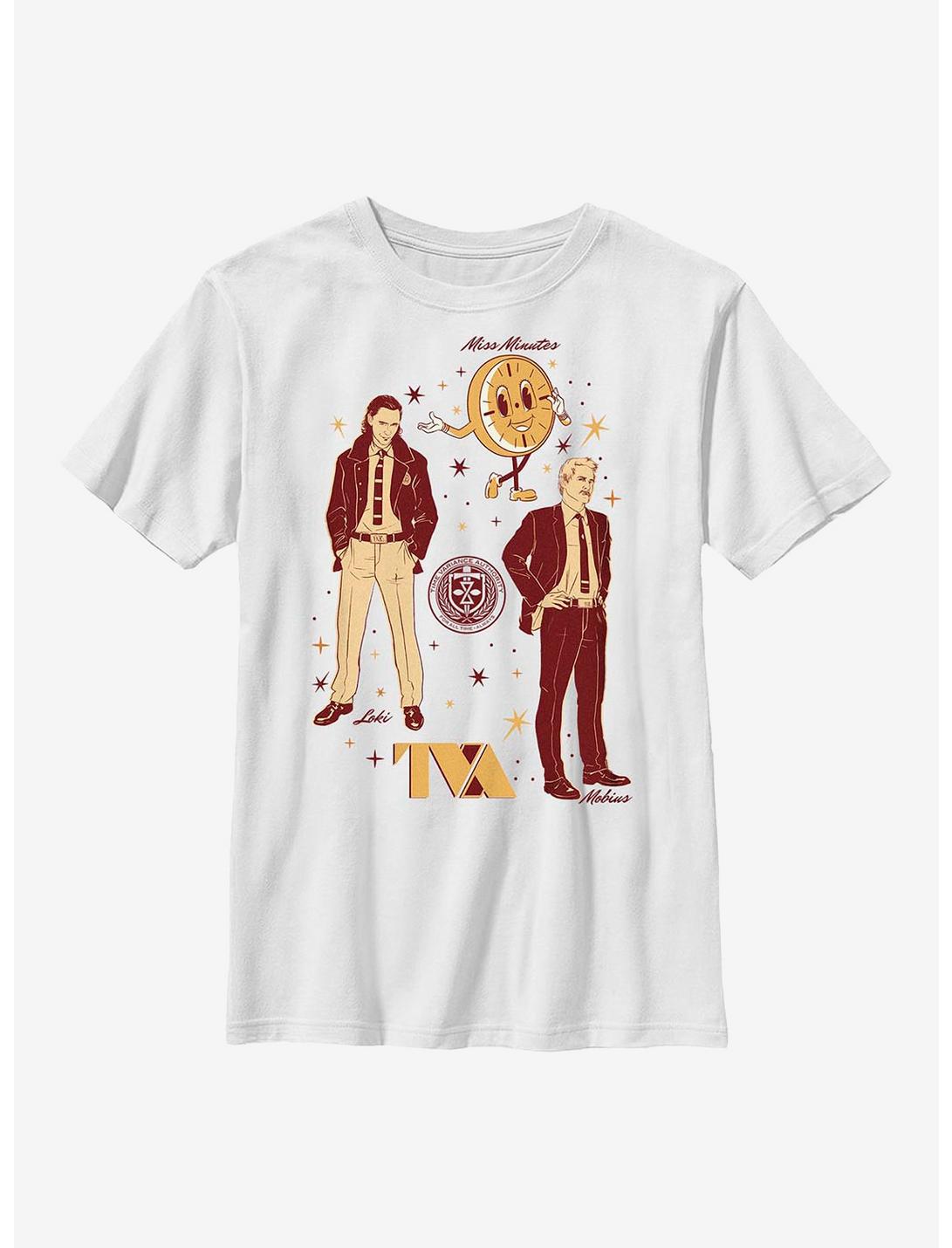 Marvel Loki With Mobius And Miss Minutes TVA Youth T-Shirt, WHITE, hi-res