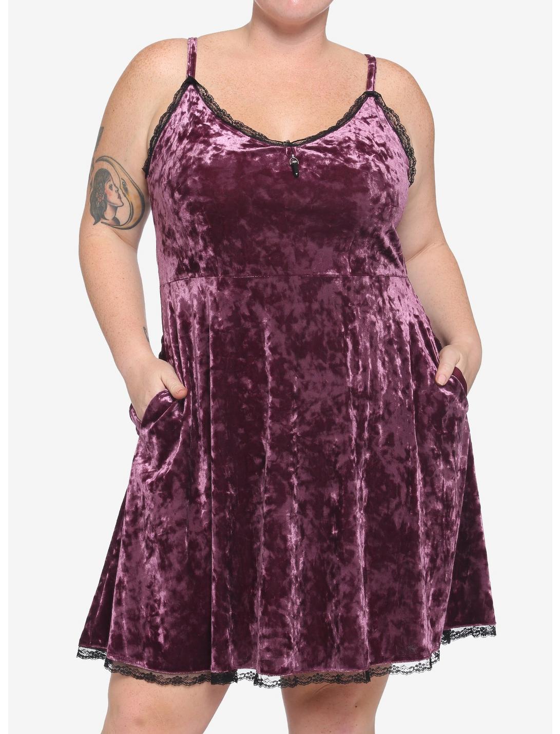 Purple Velvet Crystal Charm Dress Plus Size, BURGUNDY, hi-res