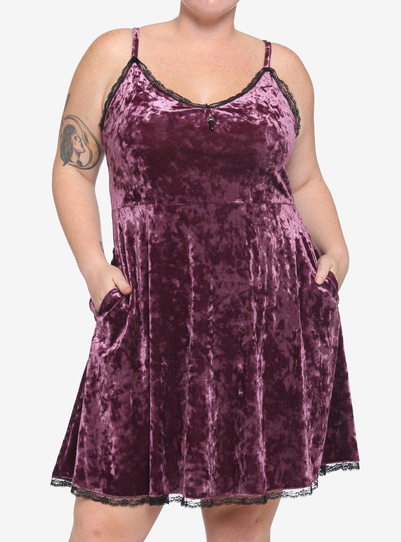 Purple Velvet Crystal Charm Dress Plus Size, BURGUNDY, hi-res