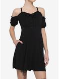 Black Lace-Up Cold Shoulder Puff Sleeve Dress, BLACK, hi-res
