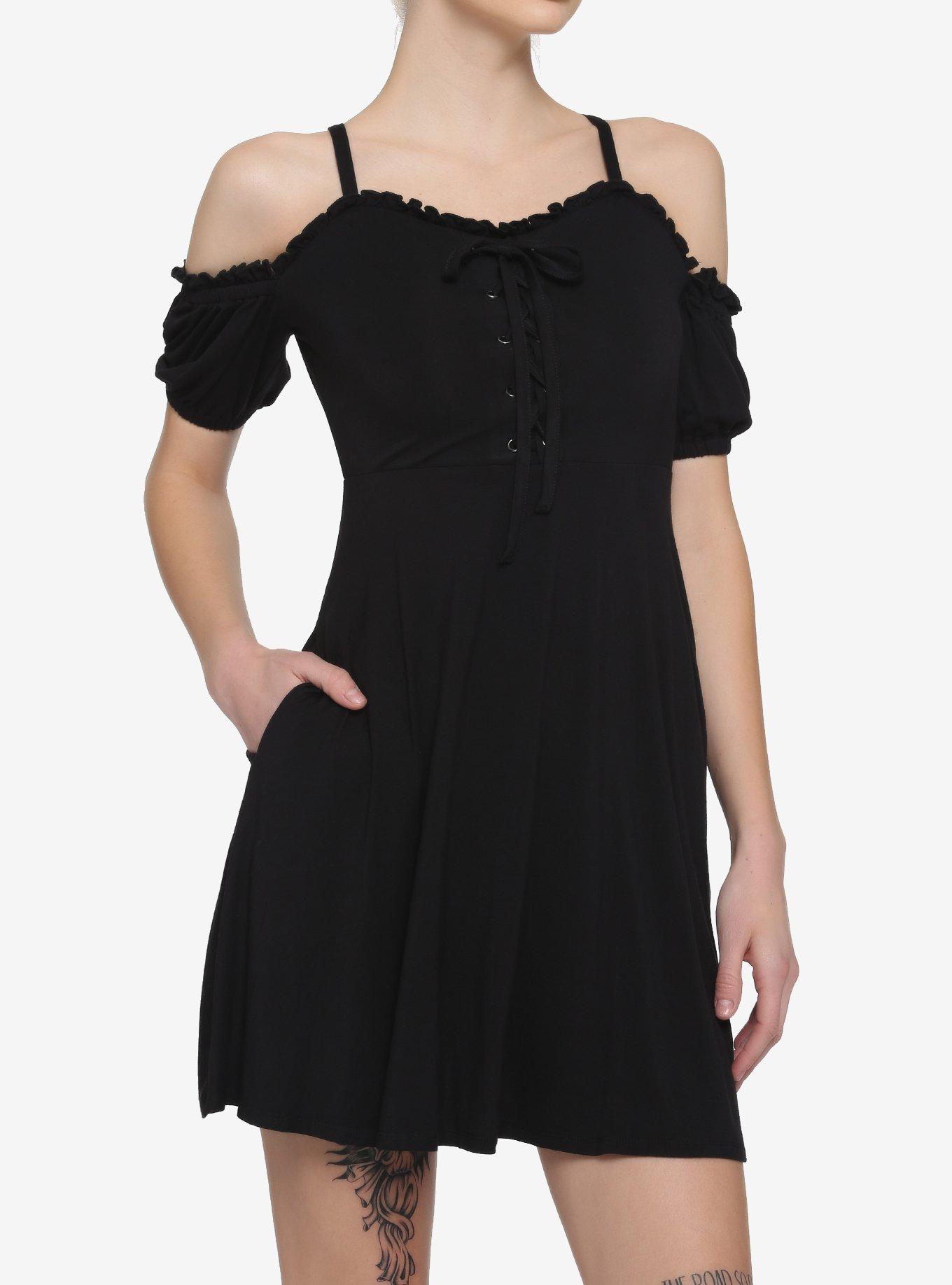 Black Lace-Up Cold Shoulder Puff Sleeve Dress, BLACK, hi-res